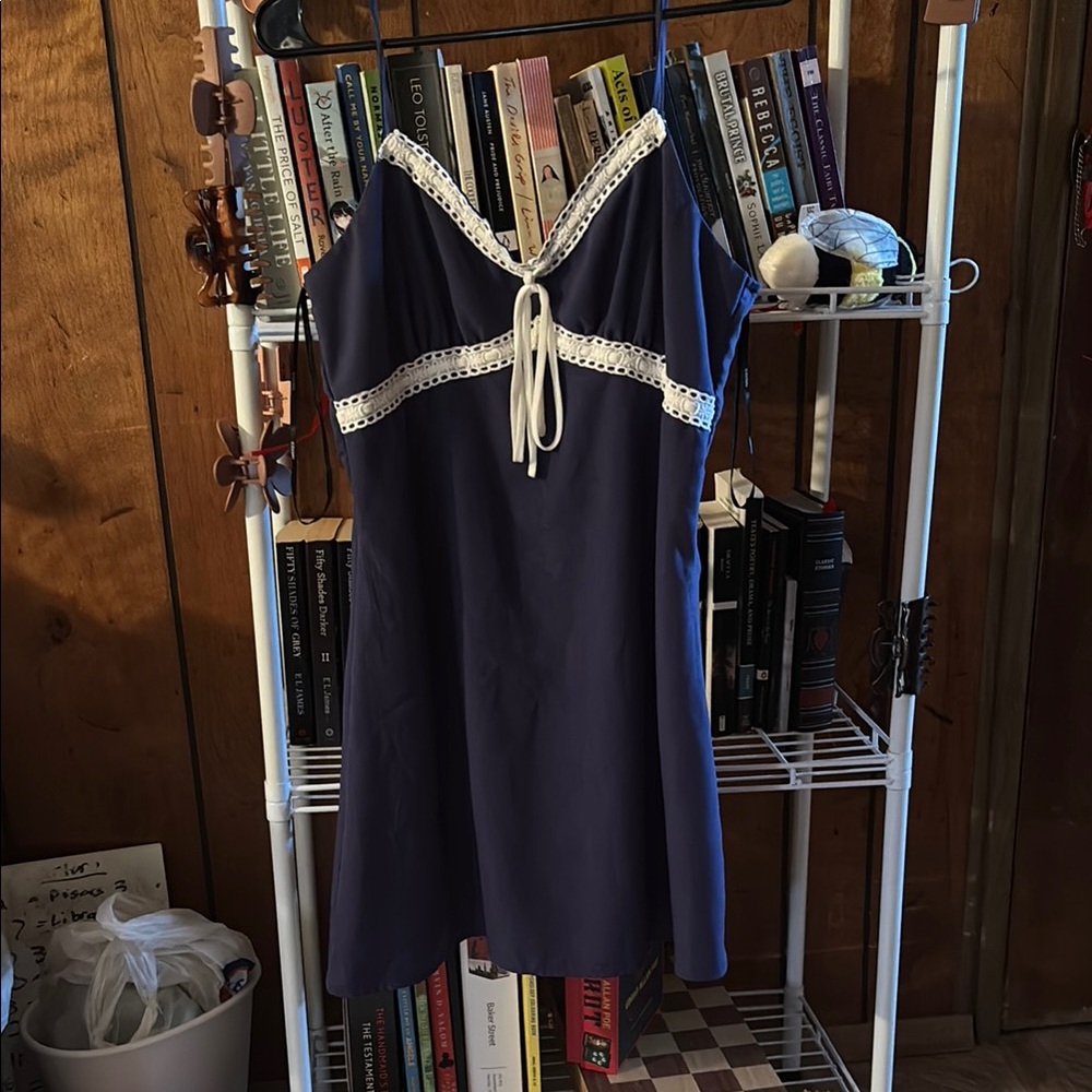 Navy Blue Dress with White Lace Trim